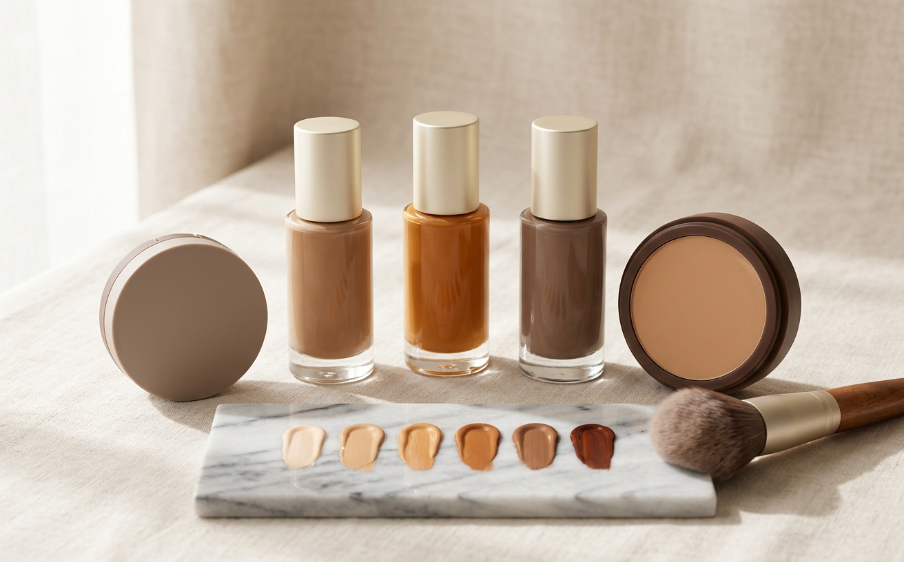 Foundation appliceras på käken med fingrarna i naturligt ljus