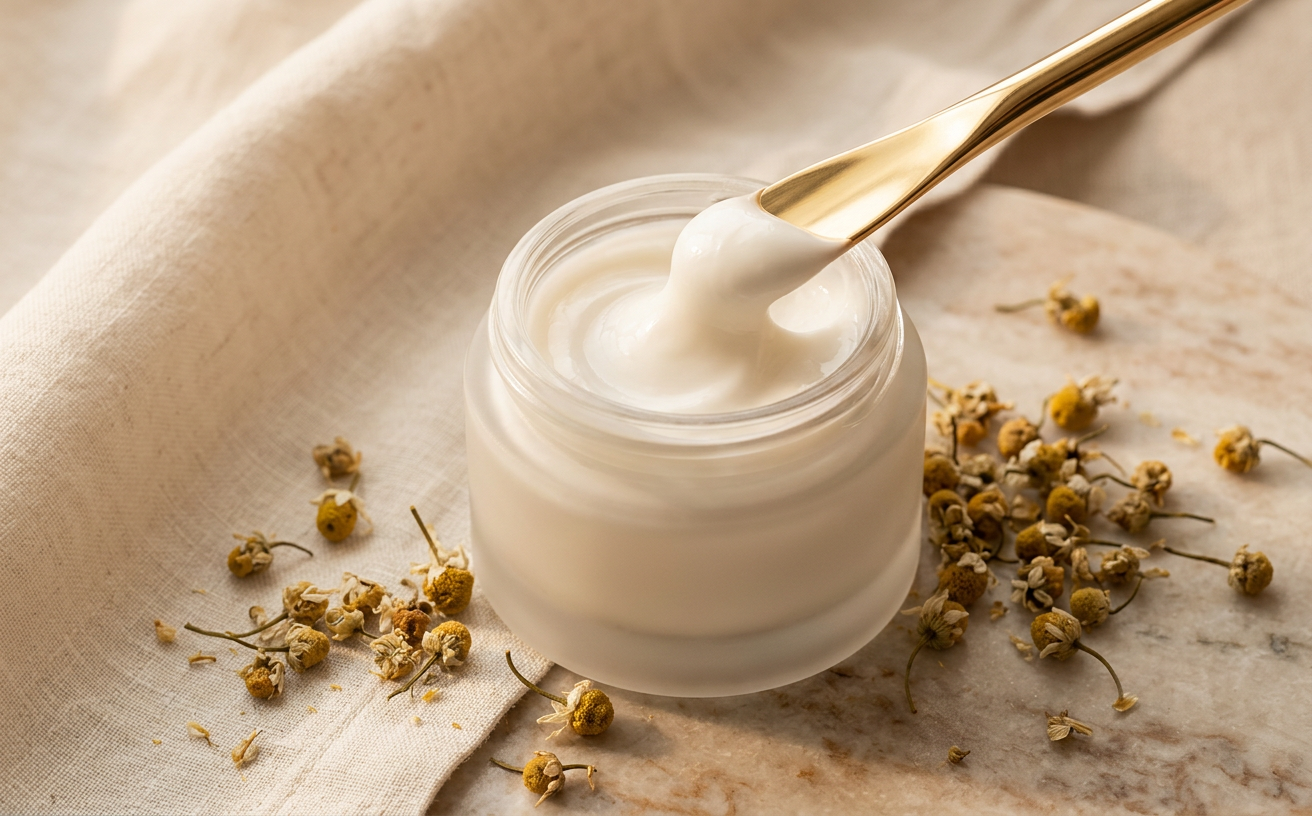 Kremprodukt appliceras på en kindben i varmt ljus