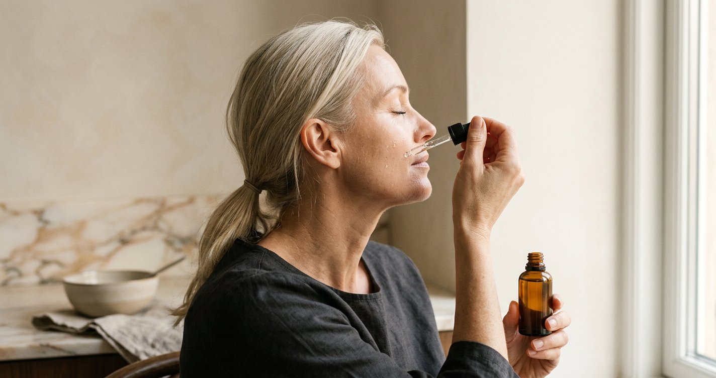 En droppflaska serum i varmt ljus på marmorbänk