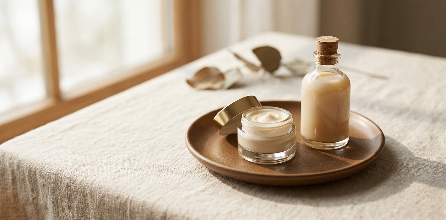 Kremprodukt på ett marmorbord i varmt naturligt ljus