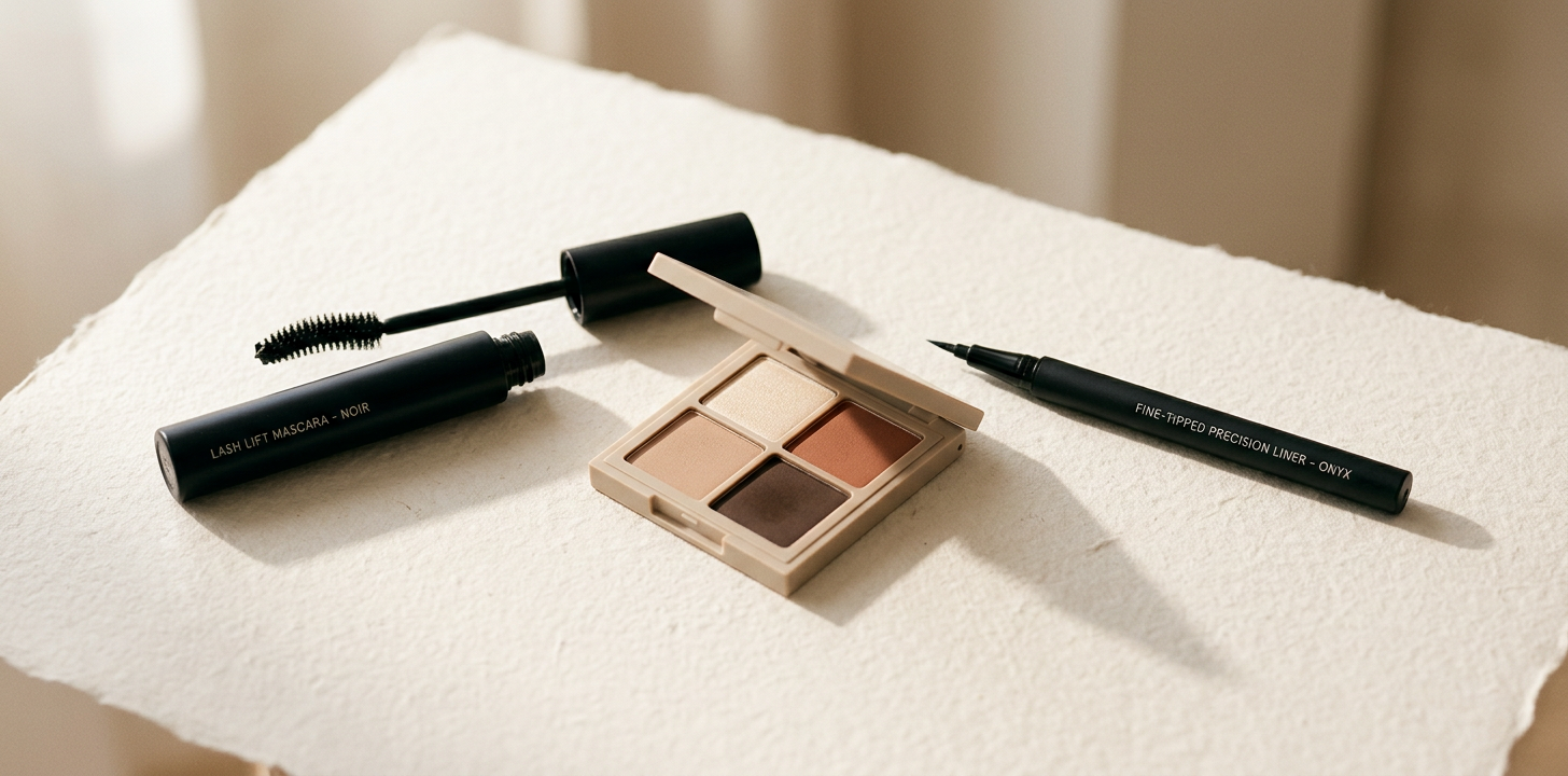 Ögonsmink och penslar på en texturerad yta i mjukt ljus