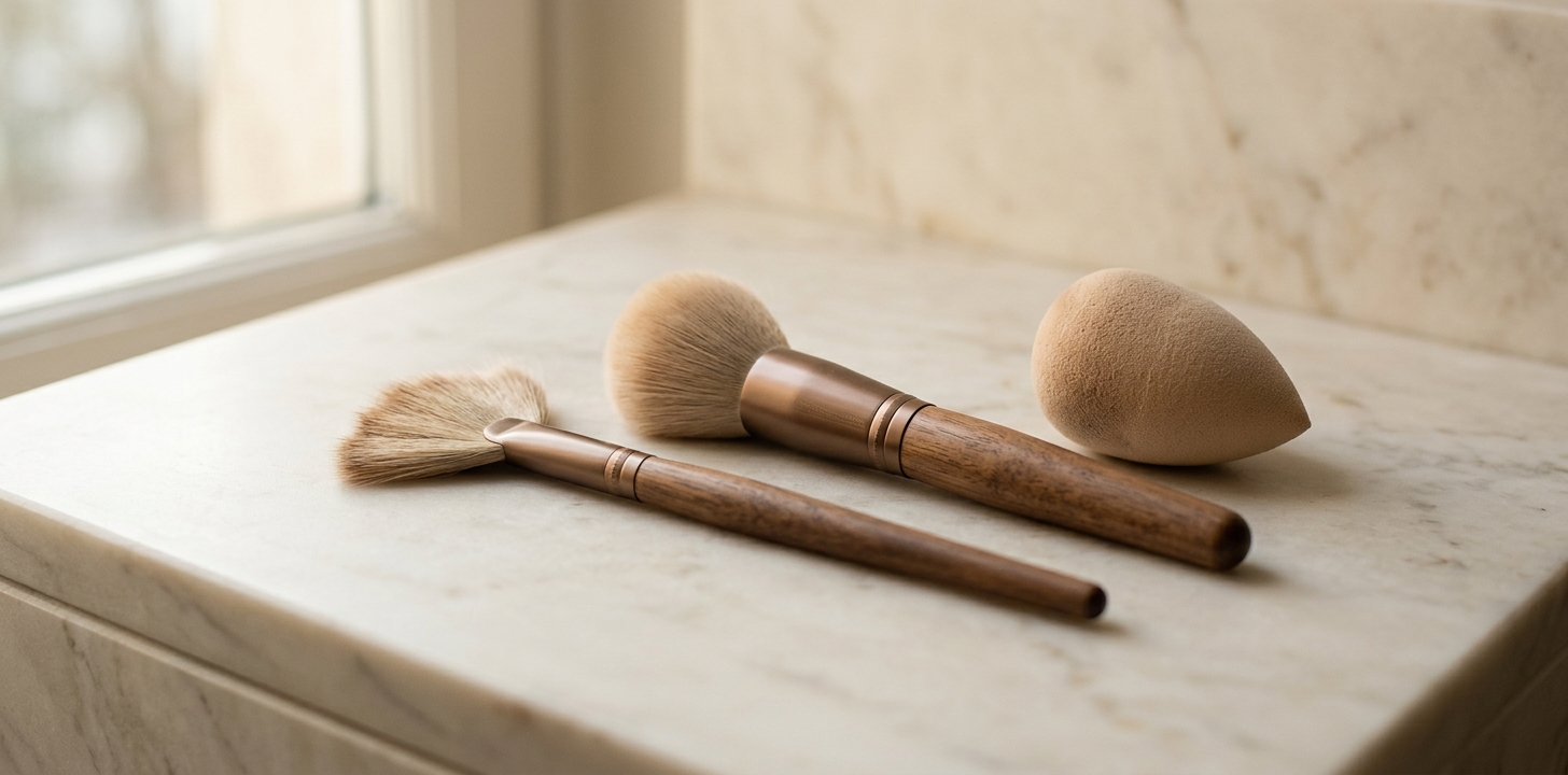 Sminkborstar och applikationsverktyg arrangerade prydligt på en ljus bakgrund